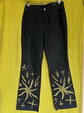 Upcycled Hand Painted Black Boot Cut Jeans, Size 28